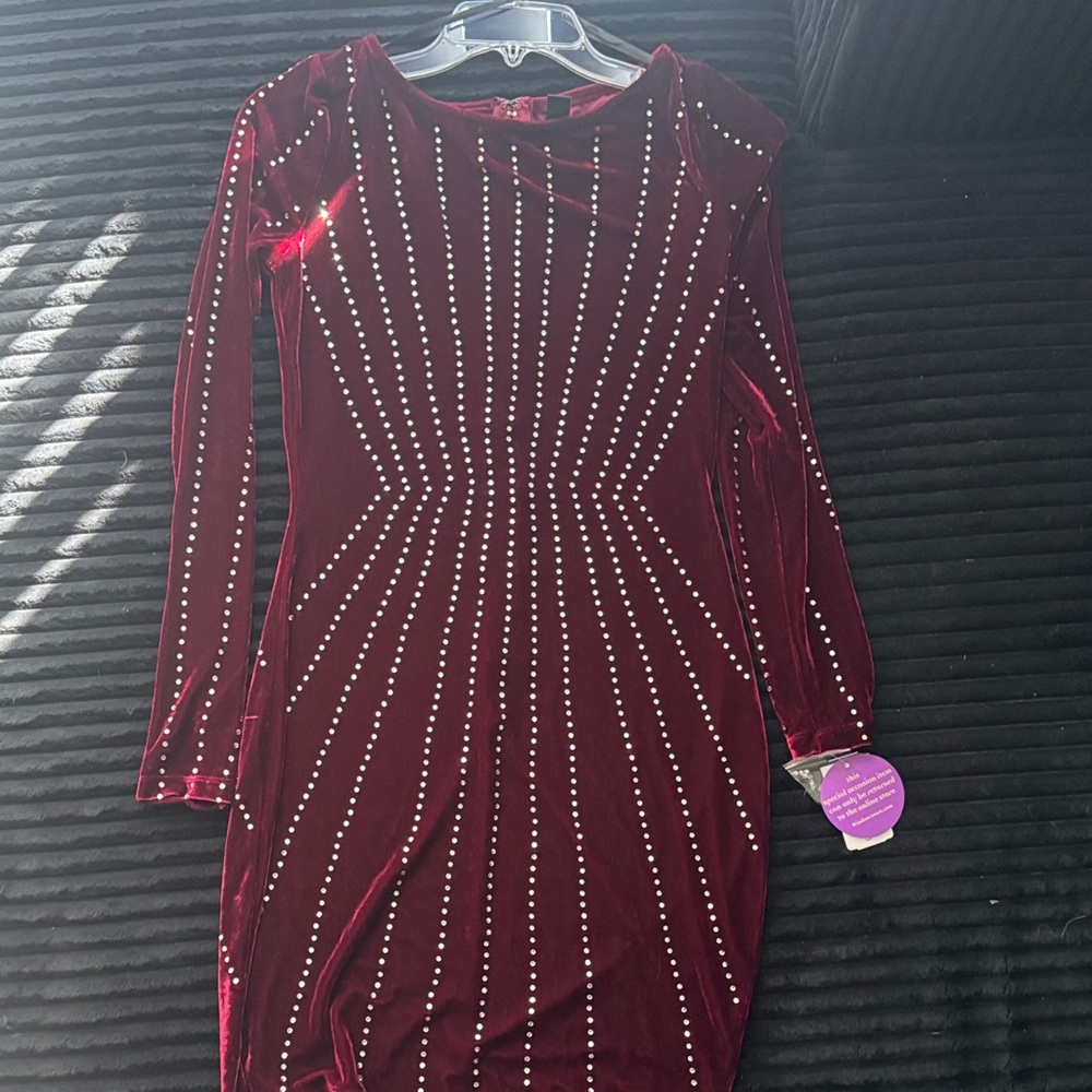 Windsor Burgundy Velvet Long-Sleeve Rhinestone Bodycon Dress